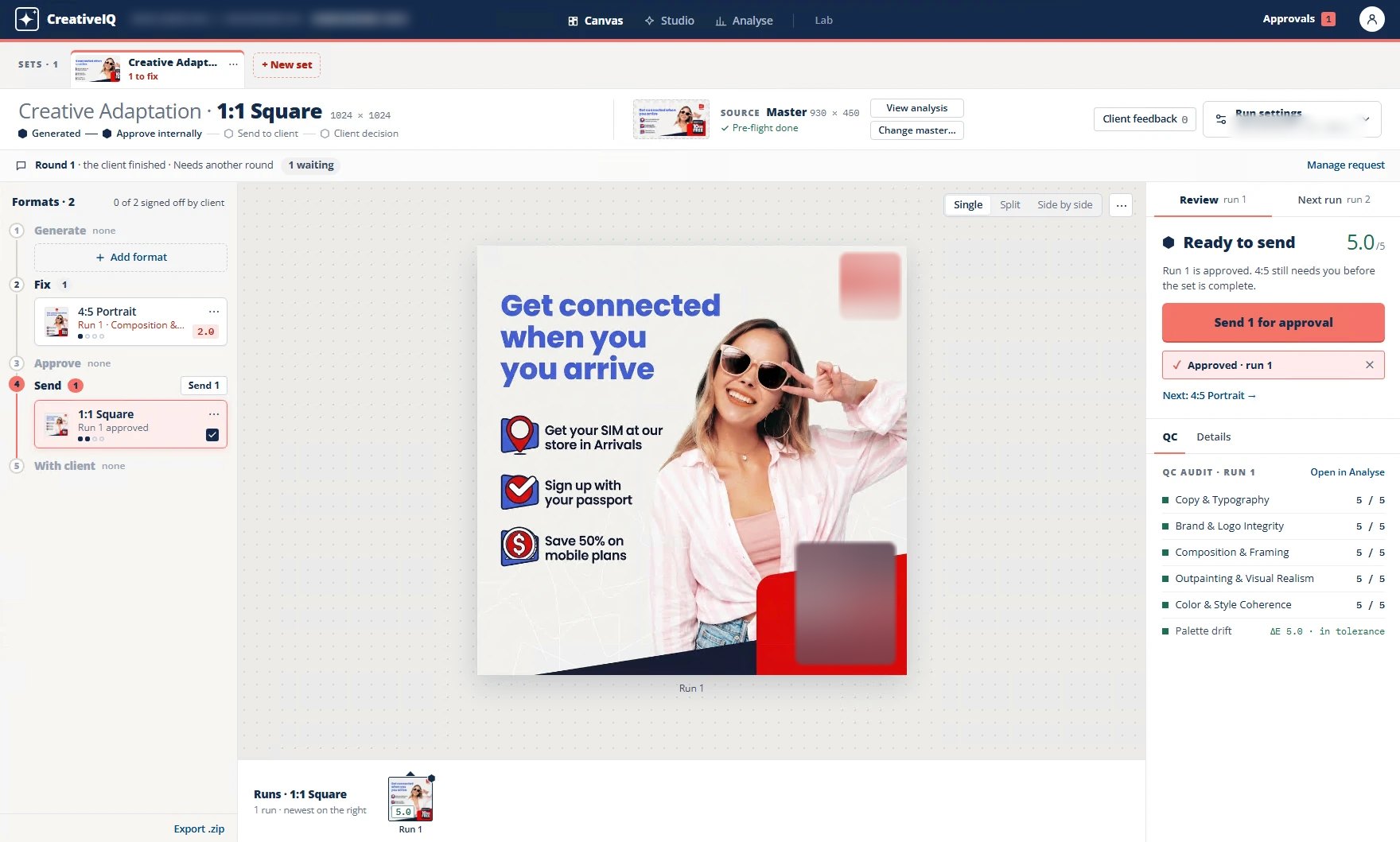 CreativeIQ screen, client details blurred