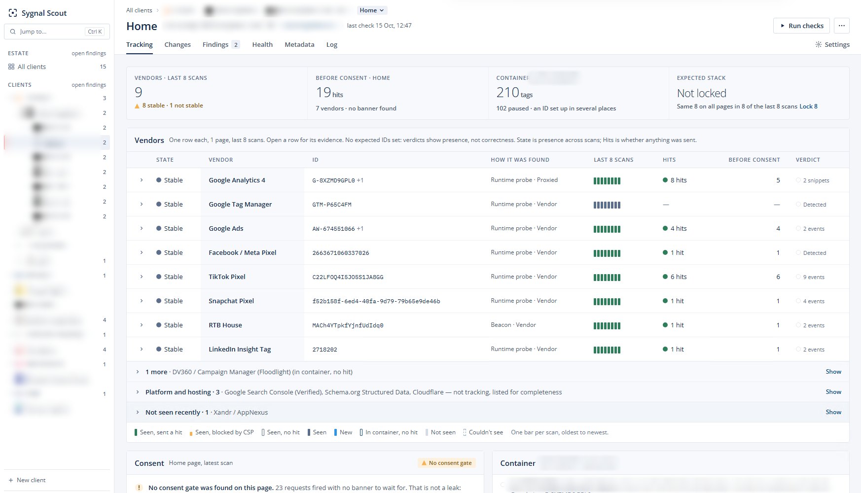 Sygnal Scout tracking screen, client details blurred