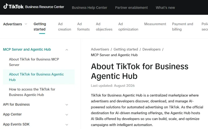TikTok Business Help Center: about TikTok for Business Agentic Hub